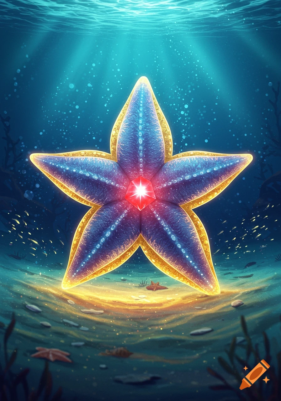 A magical, glowing blue and gold starfish with a red gem center floats underwater, with sunbeams from above.