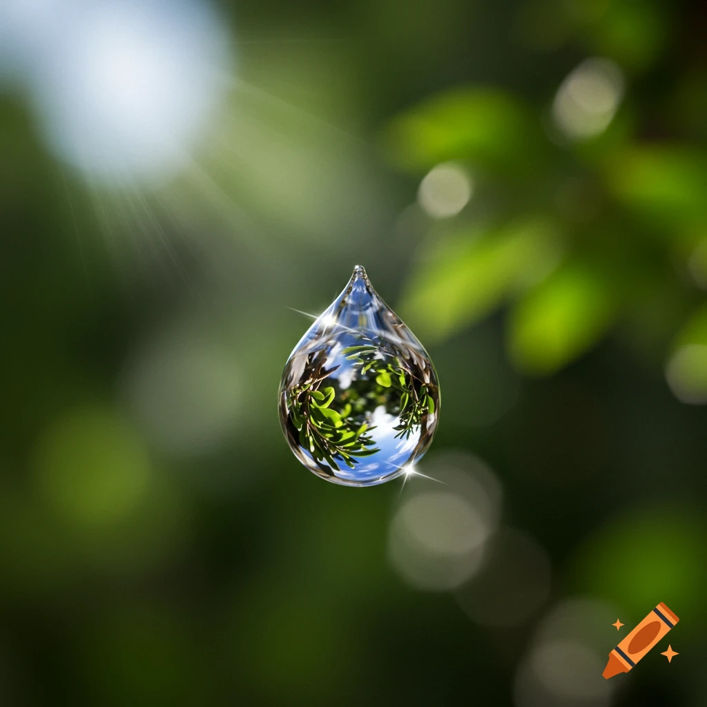 A close-up of a clear water droplet reflecting green leaves and blue sky against a blurred green background.