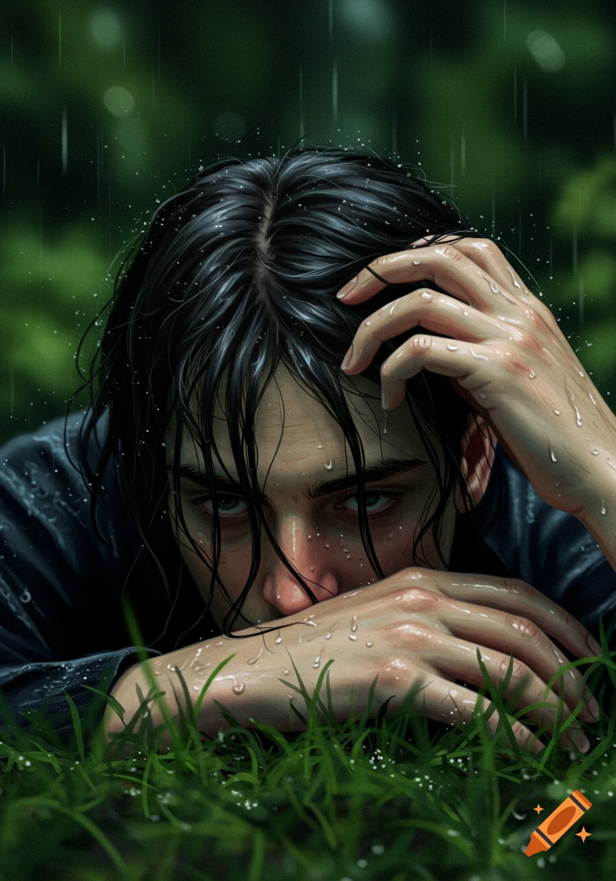 Close-up photorealistic illustration of a person with wet hair and hands lying in grass during rain, looking melancholic.