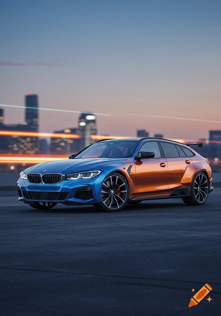 A two-tone blue and orange custom sports wagon parked on a paved surface with a city skyline and light trails at dusk.