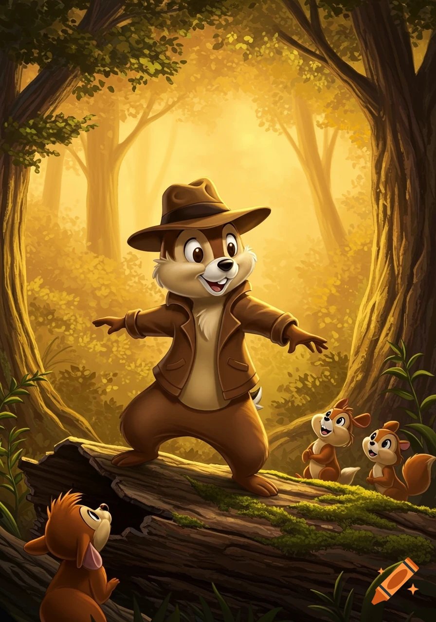 Animated Chip from Chip 'n Dale wearing an adventurer's hat and jacket, stands on a log in a sun-drenched forest with small chipmunks.