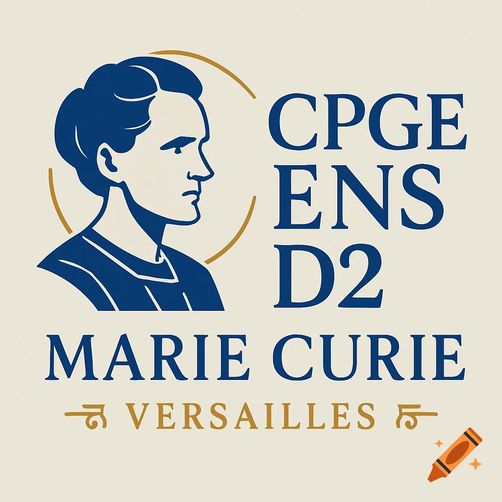 A logo featuring a stylized profile of Marie Curie, with the text "CPGE ENS D2 MARIE CURIE VERSAILLES" in navy blue and gold.