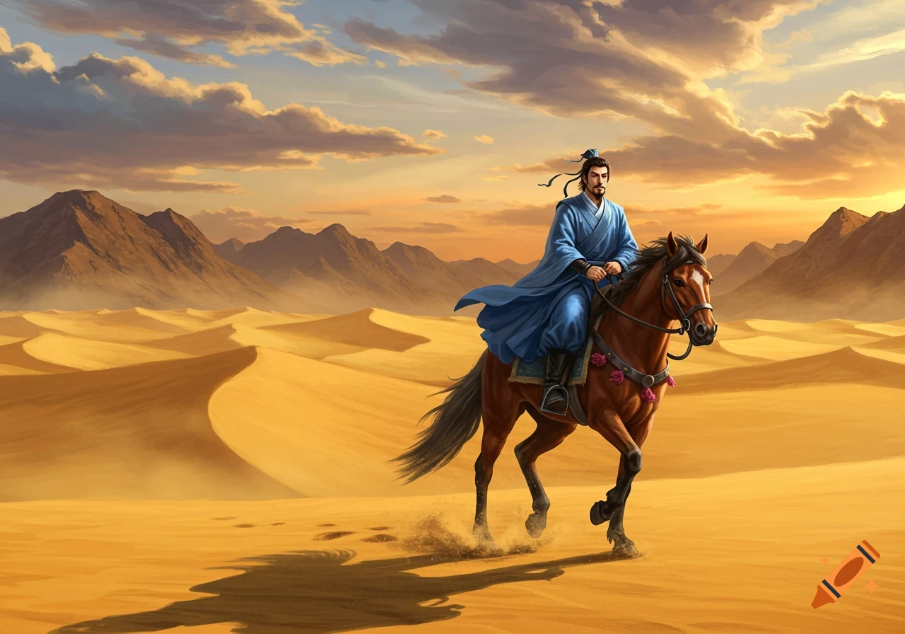 A man in blue robes on a brown horse rides through a vast desert with sand dunes and mountains under a dramatic sunset, in an illustration.