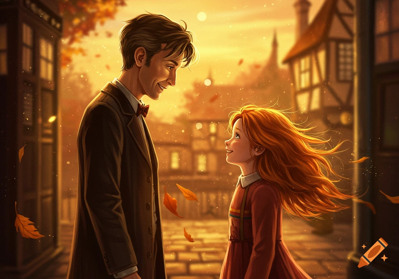 A smiling man in a suit looks at a young, red-haired girl in a warm, autumnal, illustrated street scene.