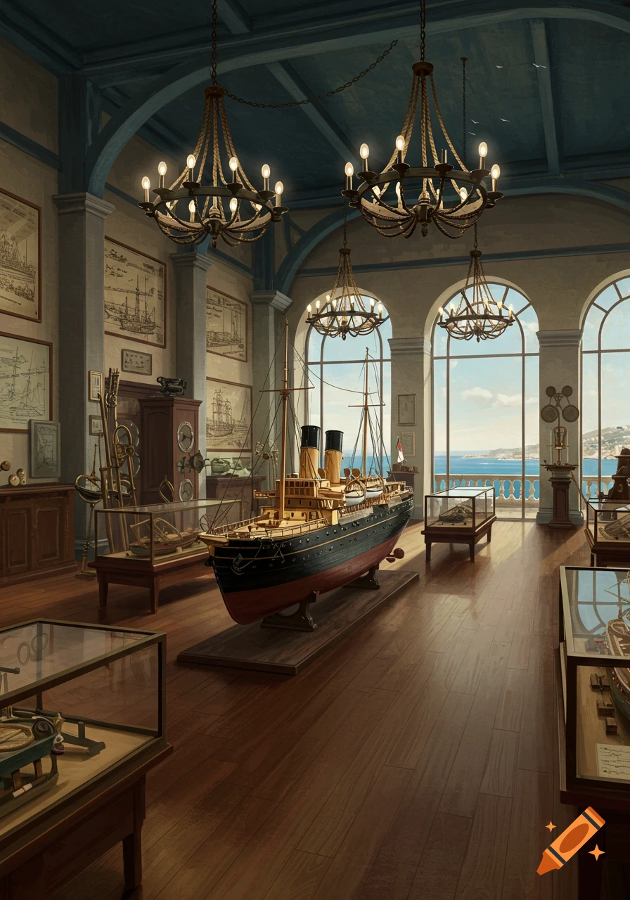Detailed model ship in a grand museum hall with chandeliers and arched windows looking out to a sunny sea.