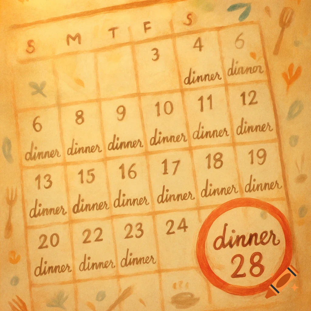 An illustrated calendar with many days marked 'dinner' in a handwritten style, with 'dinner 28' circled in red.