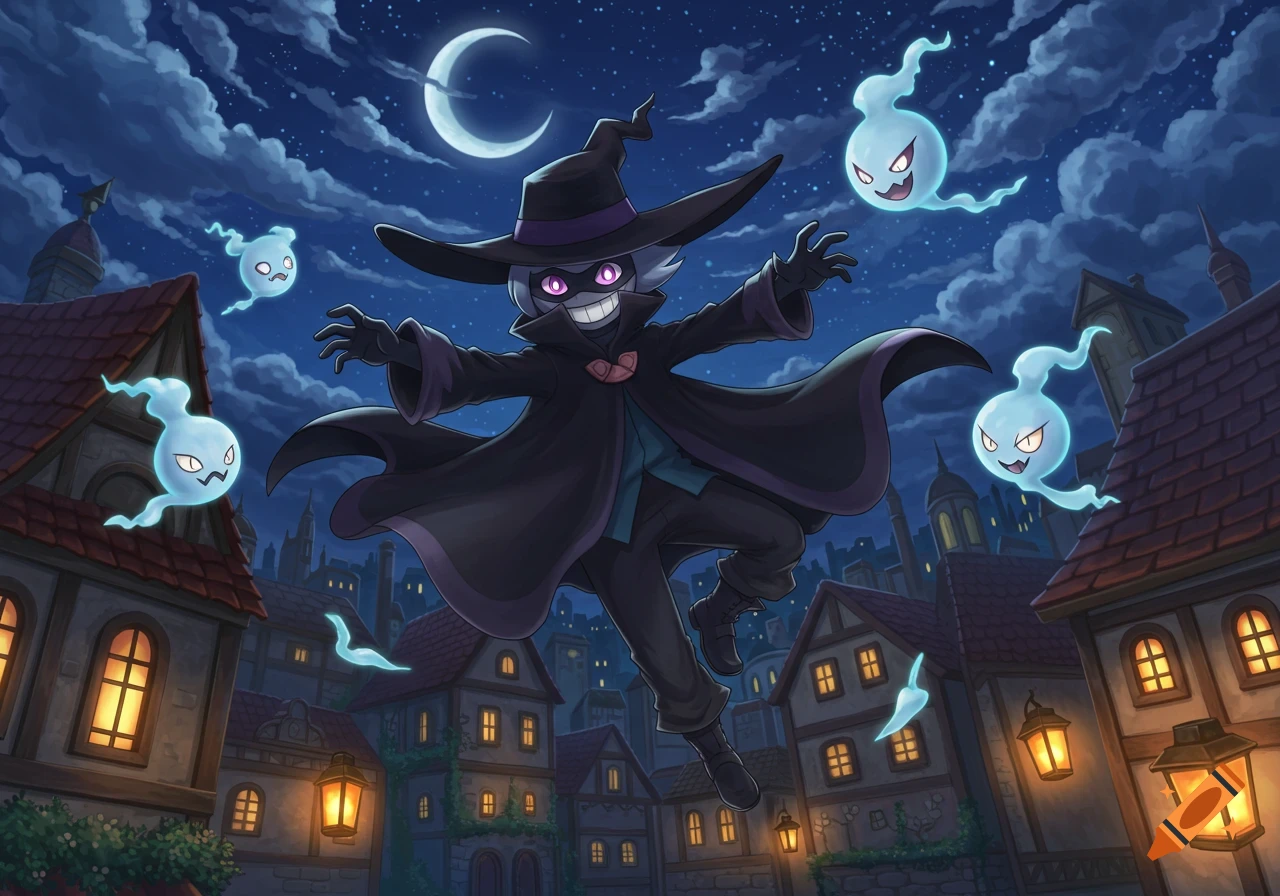 A masked phantom thief floats over a medieval town at night under a crescent moon, surrounded by ghost sprites, in Pokemon style.