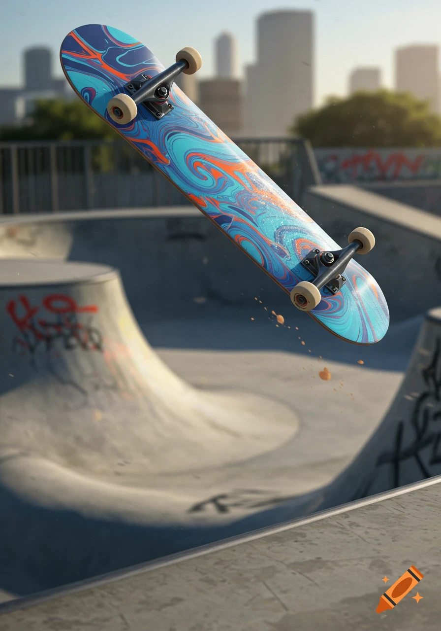 A photorealistic skateboard with blue and orange swirl patterns floats above a concrete skatepark, with city buildings behind it.
