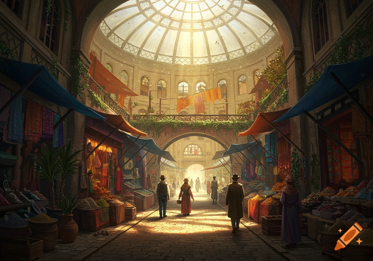 A grand indoor market under a huge domed glass roof, with sunlight streaming down on bustling stalls and shoppers.