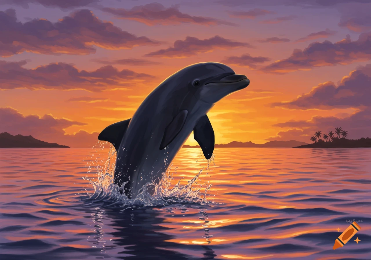 A dolphin leaps from calm ocean water under a vibrant orange and purple sunset sky with distant islands.