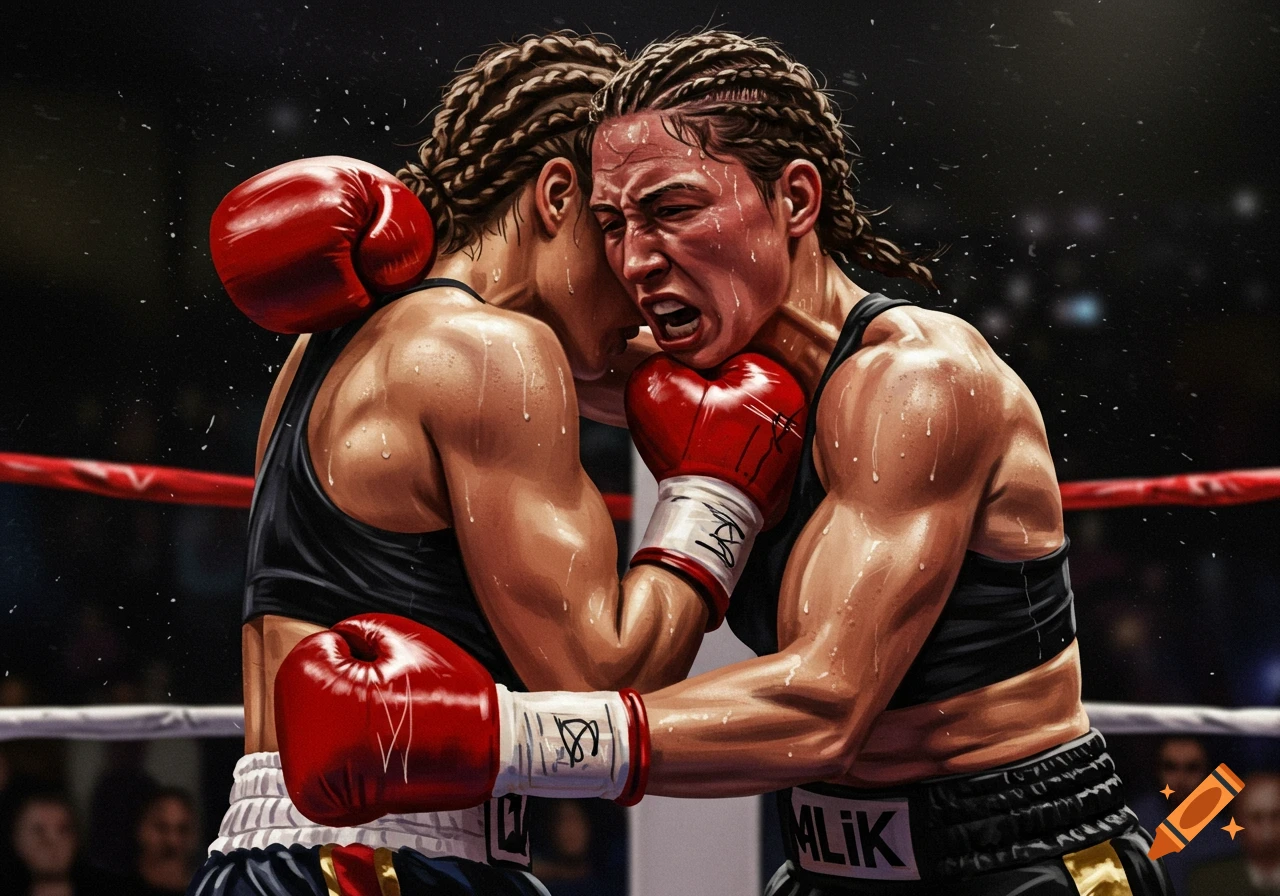 Two muscular female boxers in red gloves and black tops, sweating and clinching intensely during a match in a ring.