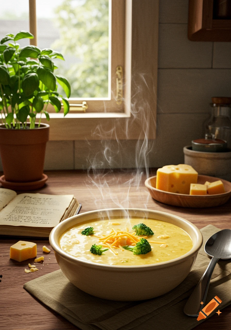 Steaming bowl of broccoli cheddar soup on a wooden counter with a recipe book, basil plant, and cheese blocks.