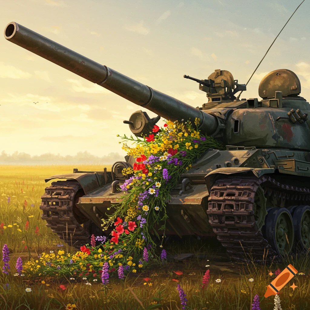 A military tank adorned with colorful flowers, sitting in a sunny wildflower field.