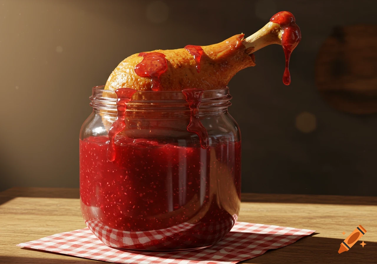 A photorealistic image of a roasted turkey leg sticking out of a glass jar filled with red jam, set on a checkered napkin.