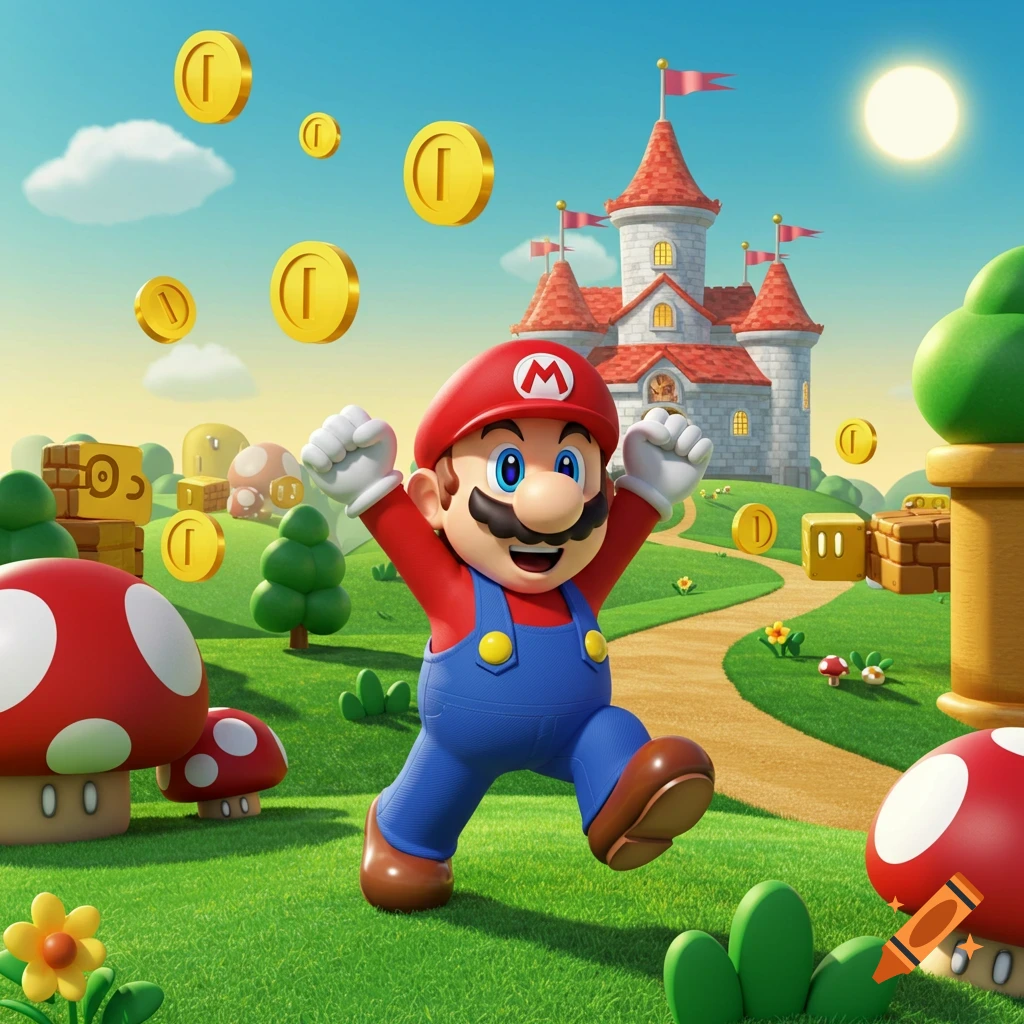 A cheerful Super Mario character jumps in a vibrant, cartoonish landscape with a castle, mushrooms, and floating golden coins under a bright sun.
