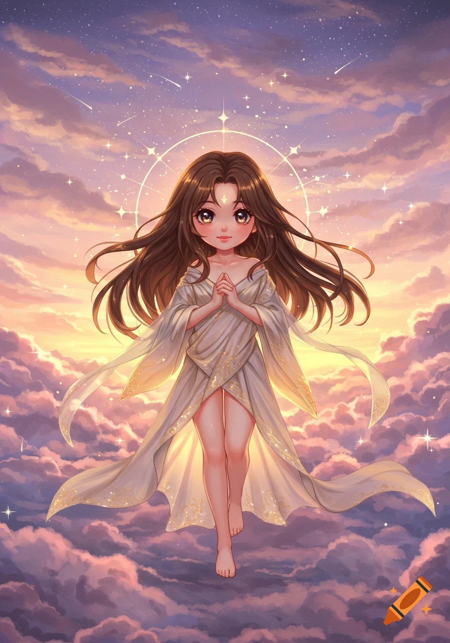 An anime goddess with long brown hair, floating among pink and purple clouds in a starry sky, hands pressed together.