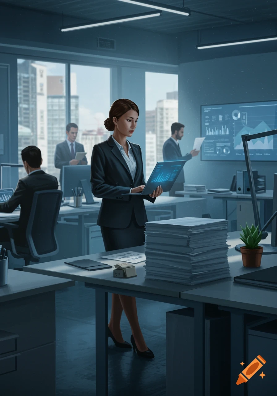 A woman in a business suit stands in an office, holding a laptop displaying graphs. Other professionals work in the background.