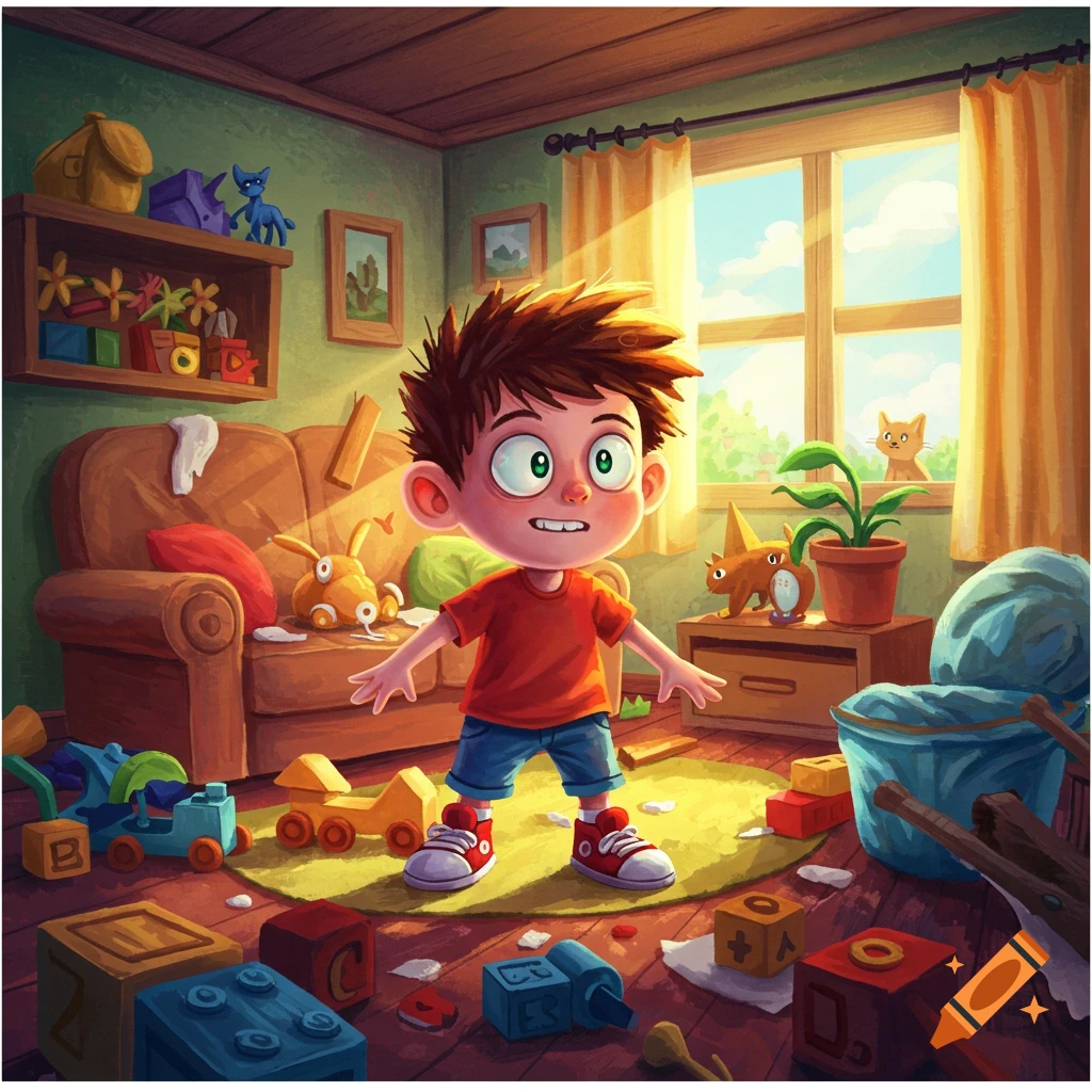 A wide-eyed cartoon boy with spiky brown hair and a red shirt stands amidst a very messy room filled with scattered toys and bright sunbeams.