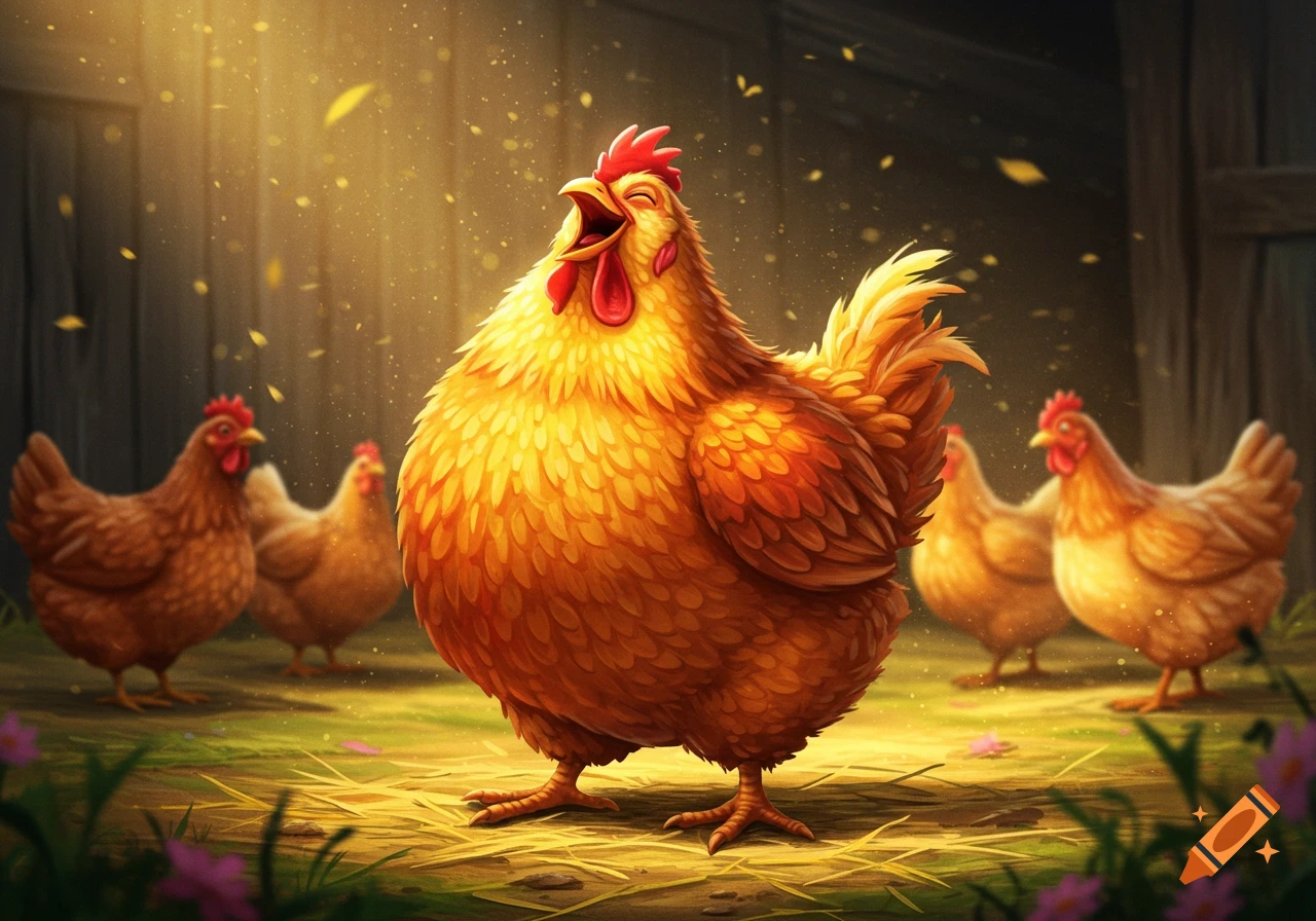 A vibrant, cartoonish golden chicken laughs with an open beak in a sunlit barn, with other chickens in the background.