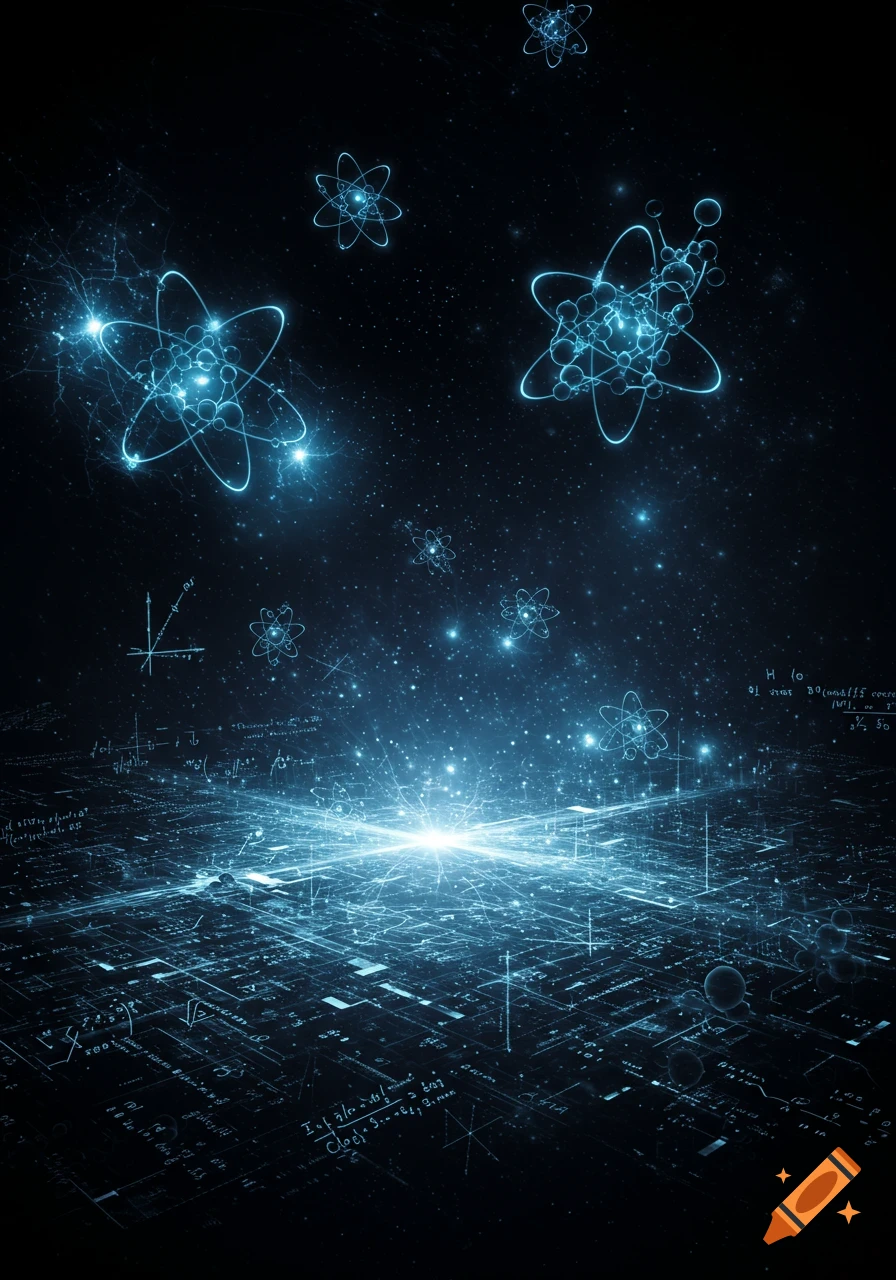 A dark, abstract image featuring glowing blue atomic structures and mathematical equations floating above a digital circuit board-like surface.