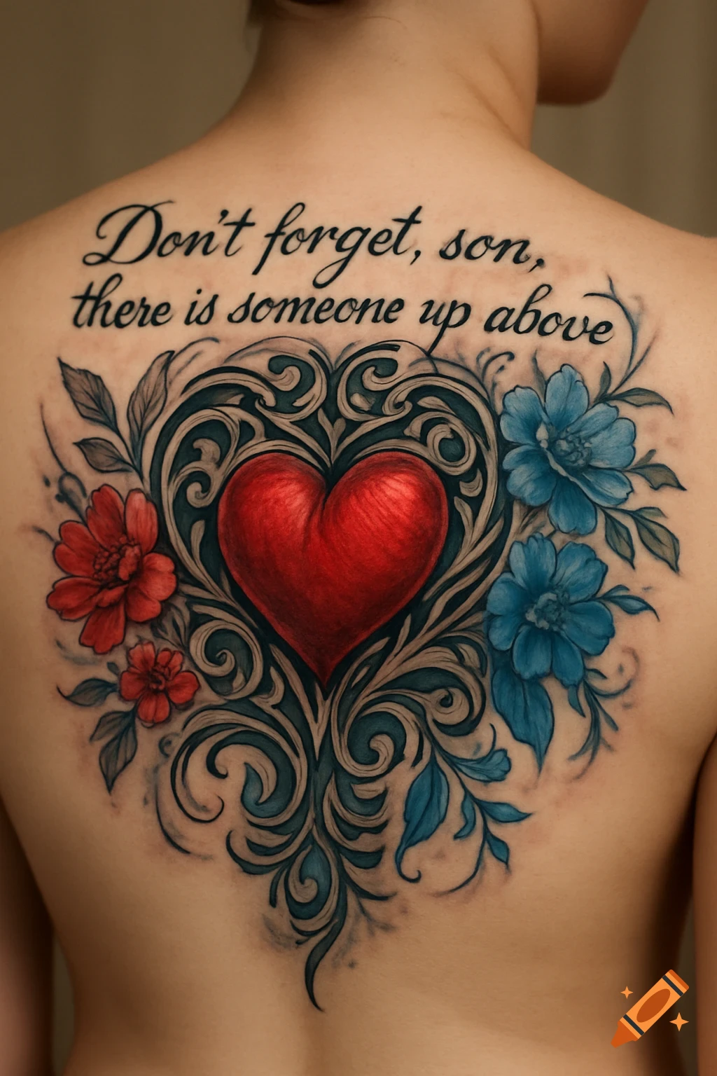 Detailed tattoo on an upper back with a red heart, blue and red flowers, intricate swirls, and the quote "Don't forget, son, there is someone up above".