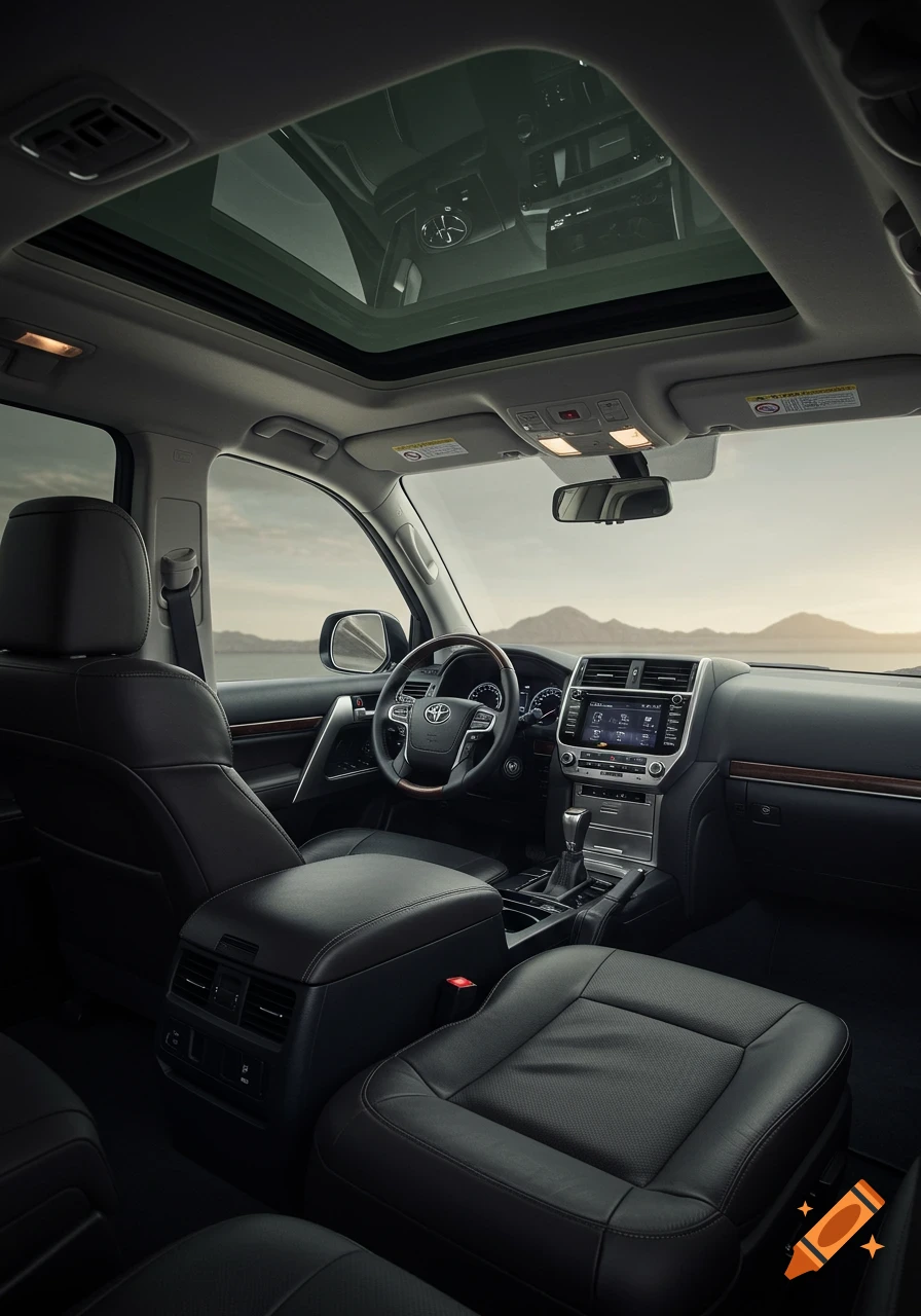 A detailed view of the luxurious black leather interior of a Toyota Land Cruiser, showing the dashboard, steering wheel, and panoramic sunroof.
