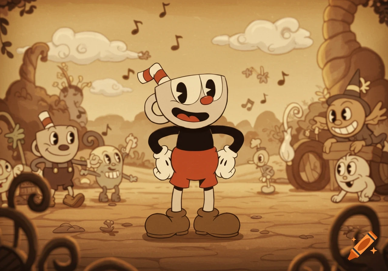 Cuphead, Mugman, and other characters from the video game dancing in a 1930s rubber hose cartoon style with musical notes.