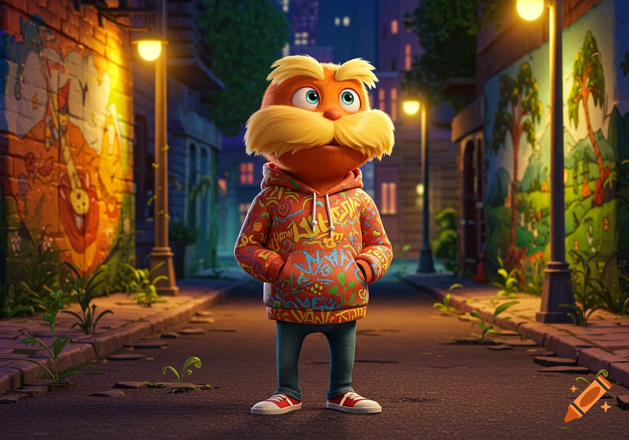 A stylized, fluffy orange Lorax character with a large yellow mustache stands in an urban alley. He wears a red hoodie with colorful graffiti patterns and blue jeans. Lampposts illuminate vibrant graffiti walls on either side of the street.