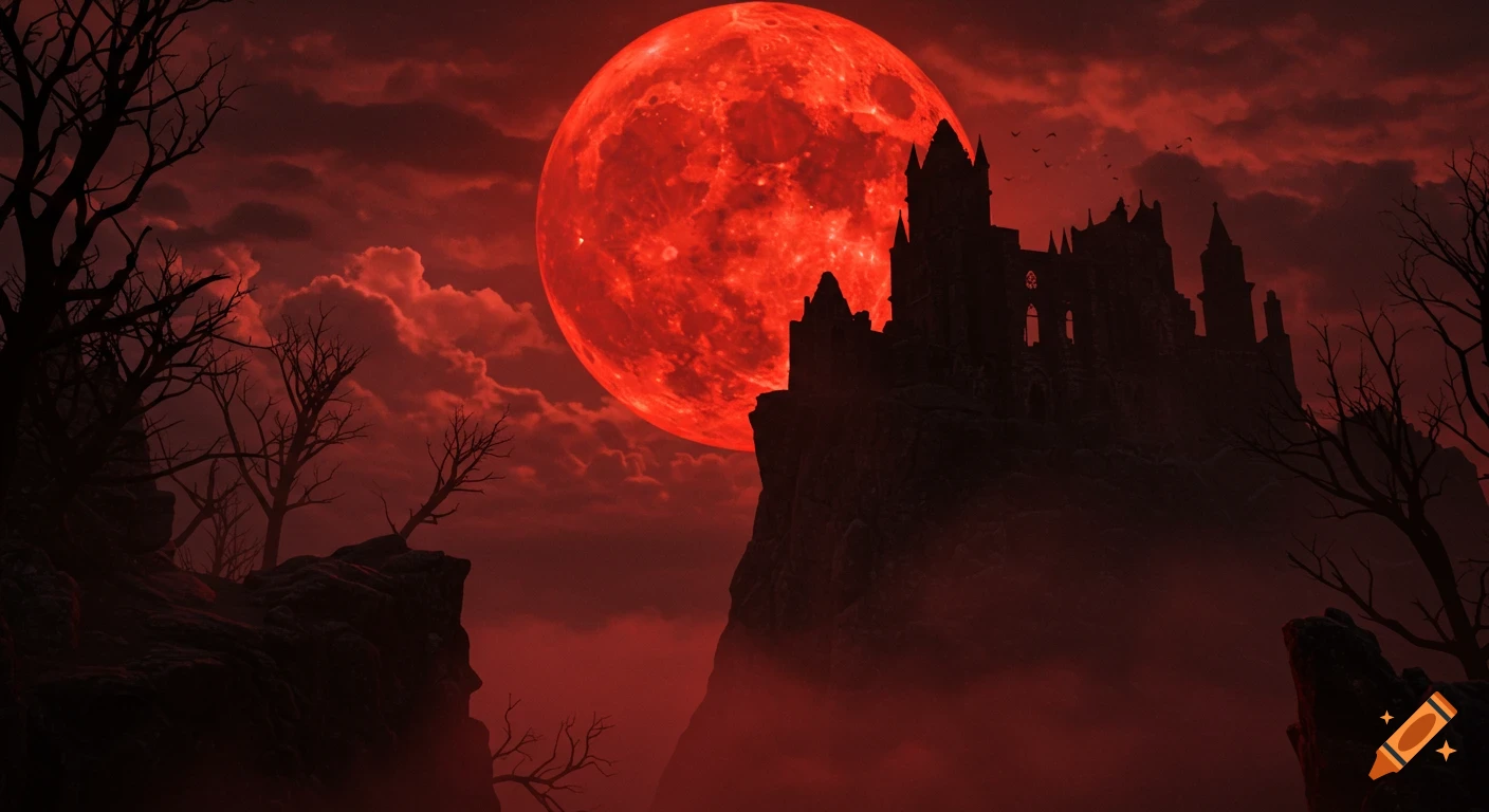 A blood-red moon illuminates a crumbling gothic castle on a cliff, surrounded by silhouetted leafless trees and stormy red clouds, in an ominous style.