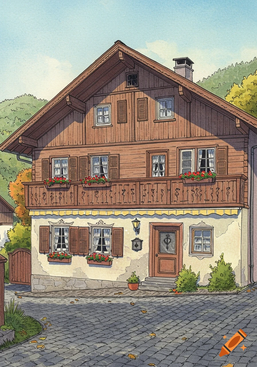 Watercolor illustration of a traditional wooden house with a balcony, flower boxes, and a cobblestone path.