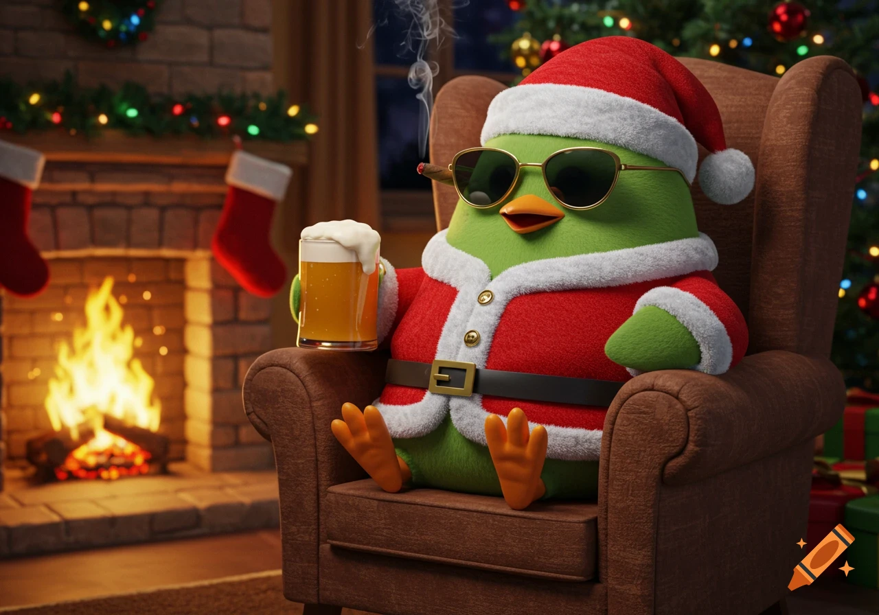 A jolly 3D cartoon green penguin in a Santa suit, sunglasses, smoking a cigar, drinking beer, sitting in an armchair by a fireplace with a Christmas tree.