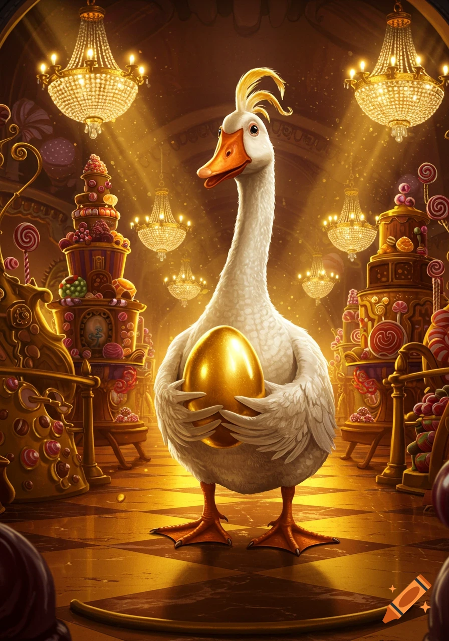 A white goose holds a golden egg in a luxurious, whimsical hall with chandeliers and elaborate candy cakes.