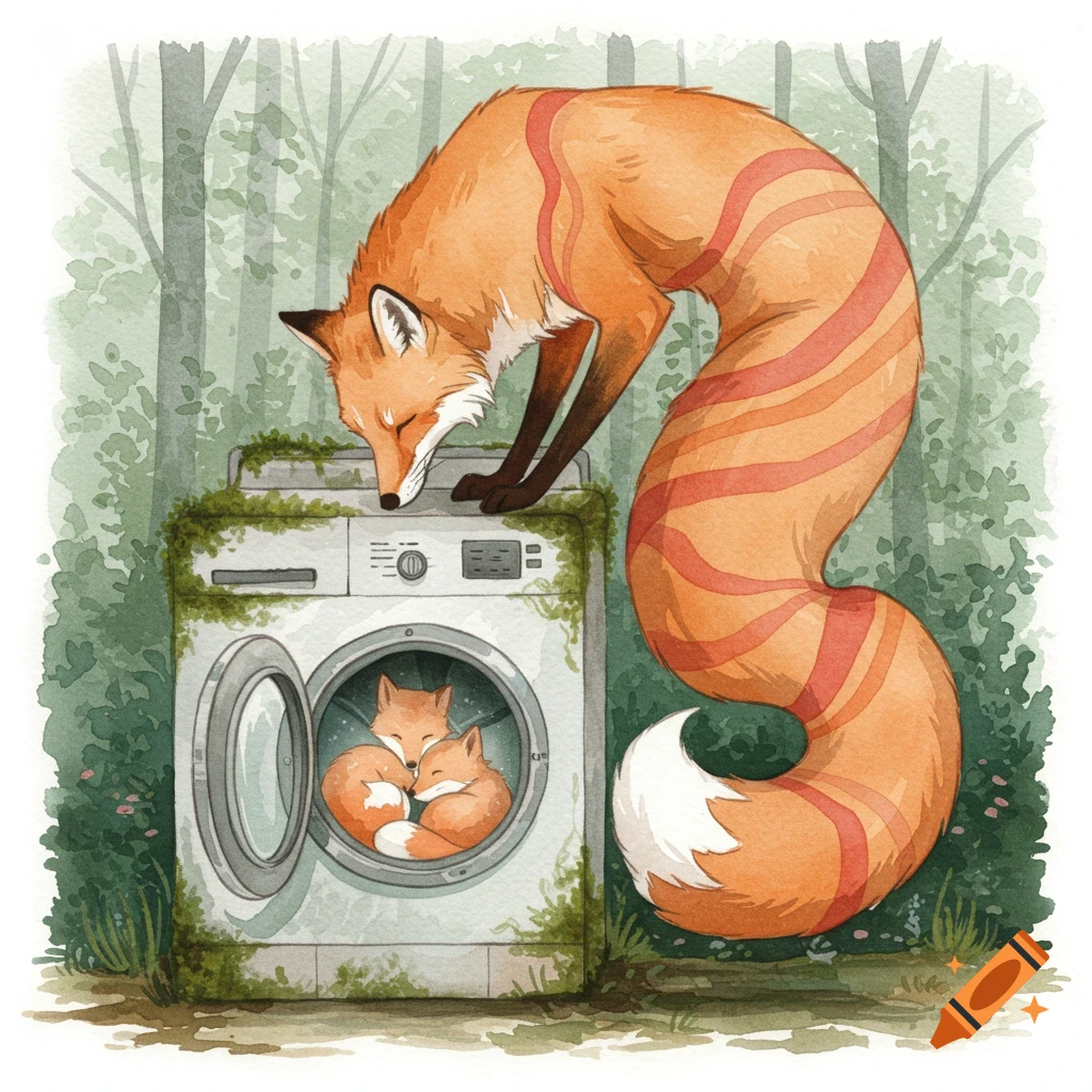 Surreal watercolor of a long fox peering into a moss-covered washing machine where two small foxes sleep, set in a muted forest.
