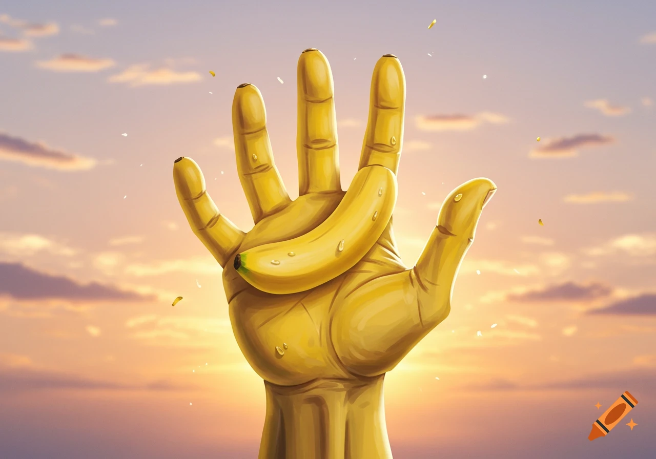 A large yellow hand, stylized as if made of banana peels, holds a single ripe banana against a vibrant sunset sky.