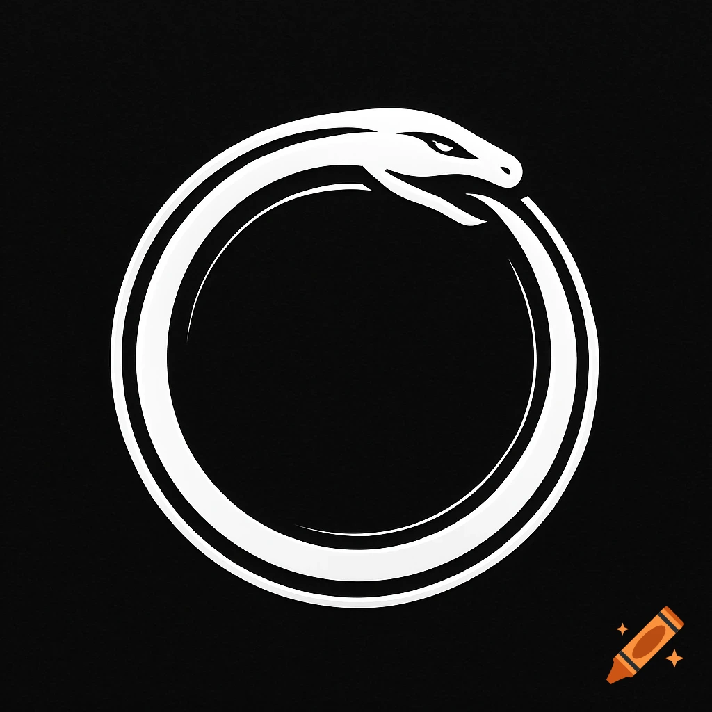 A minimalist white logo of an Ouroboros snake eating its tail on a black background.