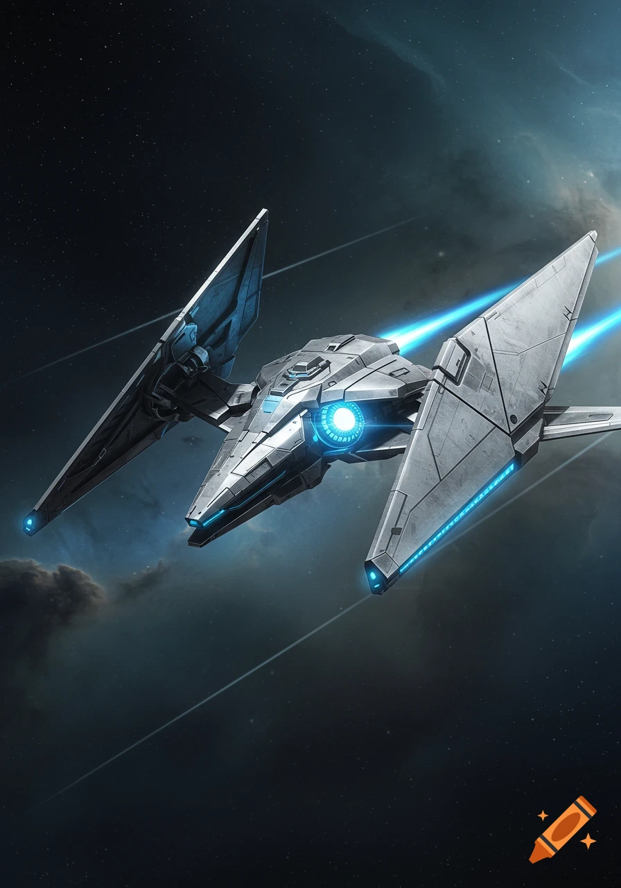 A sleek, silver metallic spaceship with triangular wings, a glowing blue core, and blue energy boosters flies through a star-filled space with blue nebulae.
