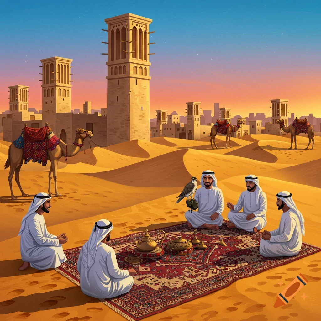 Men in traditional attire gather on a rug with a falcon in a desert landscape with camels and traditional wind tower buildings at sunset. Stylized art.