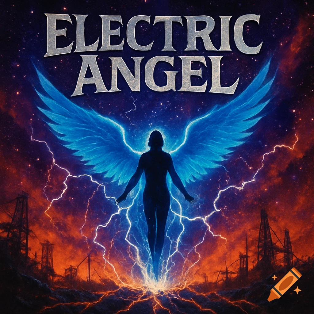A silhouetted angelic figure with glowing blue wings and electricity stands before a starry, stormy sky with industrial elements. Text: ELECTRIC ANGEL.