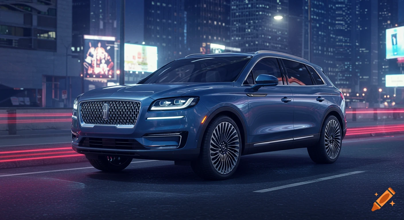 A sleek blue futuristic SUV drives through a vibrant city at night, with red light trails blurring in the foreground.
