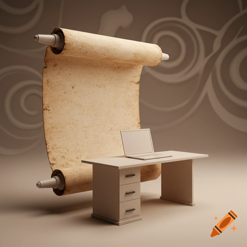 Minimalist illustration of a large ancient scroll unfurling behind a modern desk with a laptop, in muted colors.