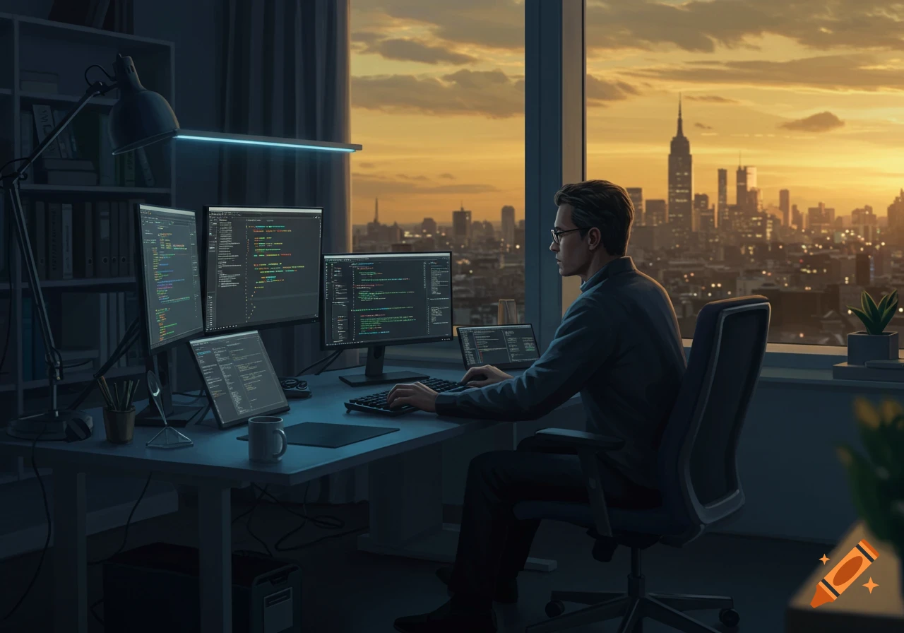 A man codes at multiple computer screens in an office with a panoramic city skyline at sunset, photorealistic style.