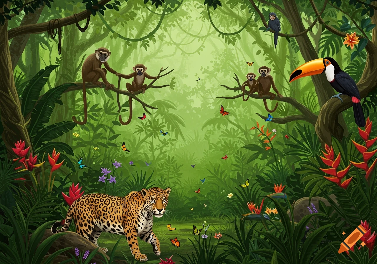 A vibrant illustration of a lush green jungle scene with a jaguar, monkeys, a toucan, and colorful butterflies and flowers.