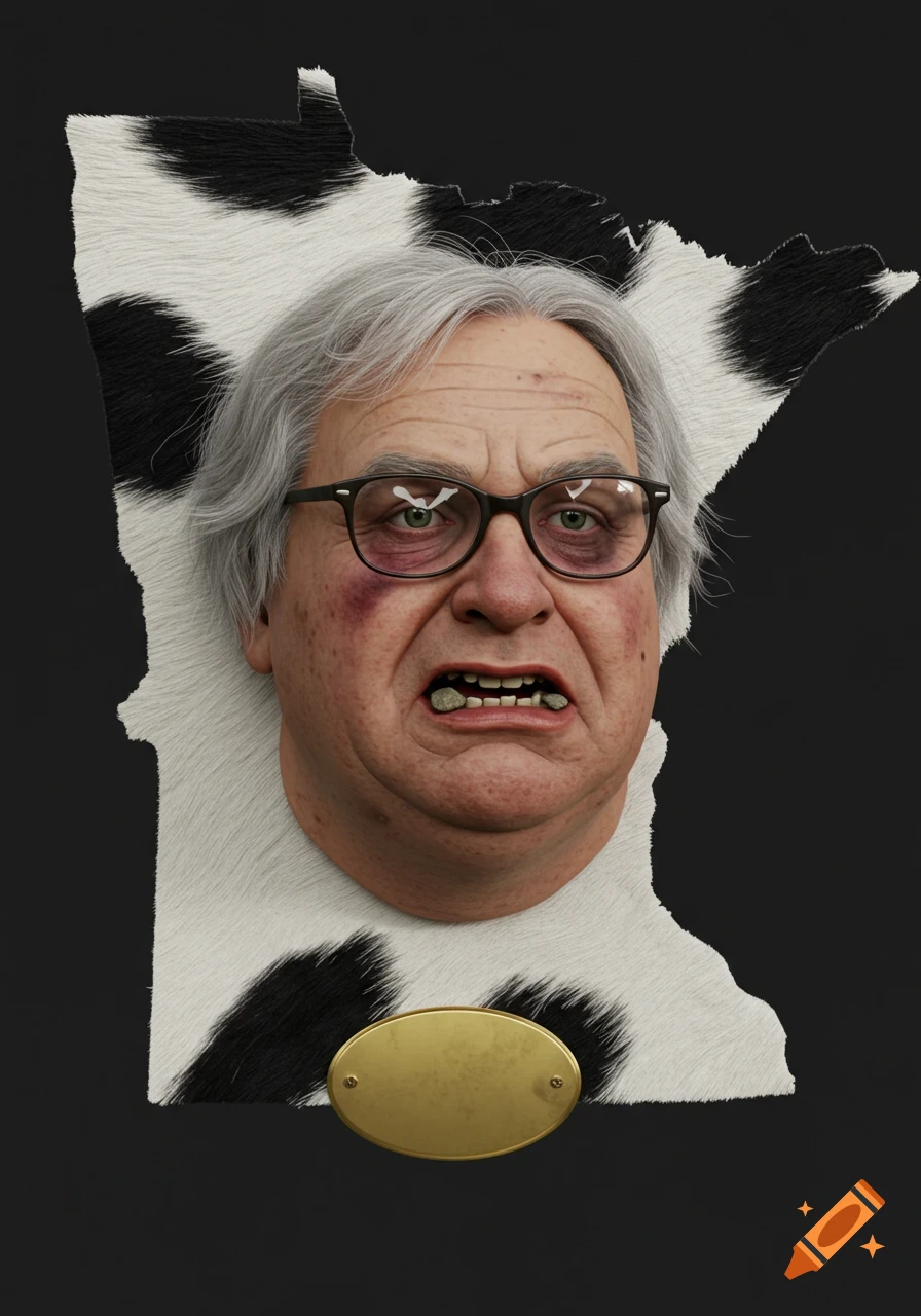 Realistic sculpture of an older man's head with rocks in mouth and a black eye, mounted on a cowhide-patterned Minnesota shape with a gold plaque.