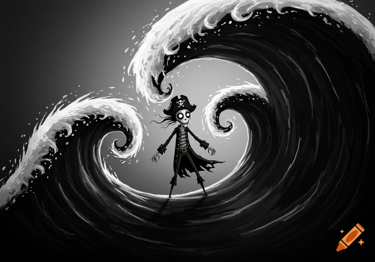 A dark, whimsical Tim Burton-style illustration of a skeleton pirate standing amidst large, curling black and white waves.