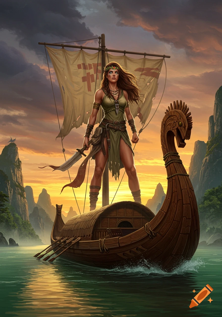 A strong warrior woman with a sword stands on a longship with a tattered sail against a vibrant sunset over mountains.