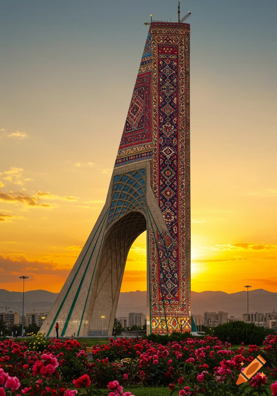 Azadi Tower in Tehran draped in a vibrant Persian rug pattern, seen from a rose garden at sunset.