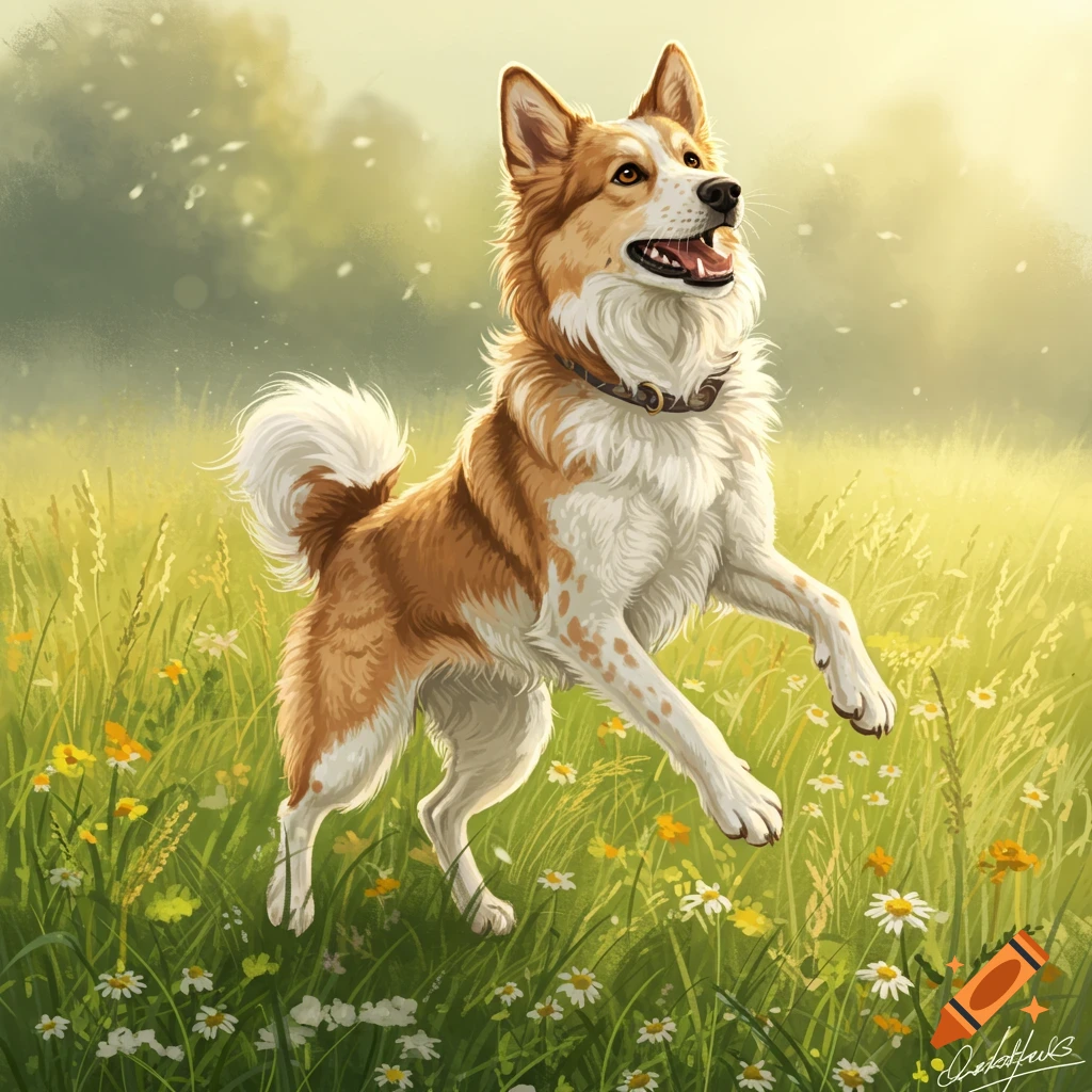 A fluffy brown and white dog bounds through a sunny field of green grass and white and yellow wildflowers.