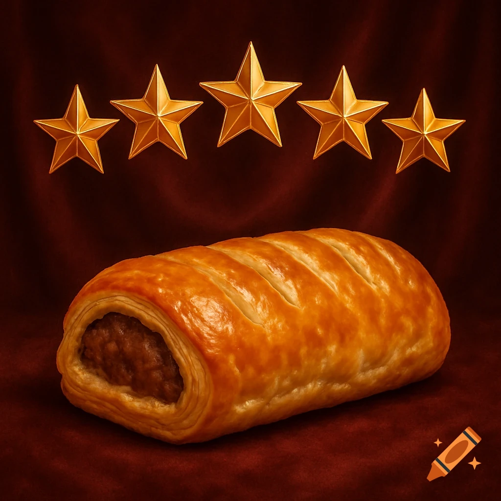 A golden-brown sausage roll on a reddish-brown background, with five glistening gold stars floating above it.