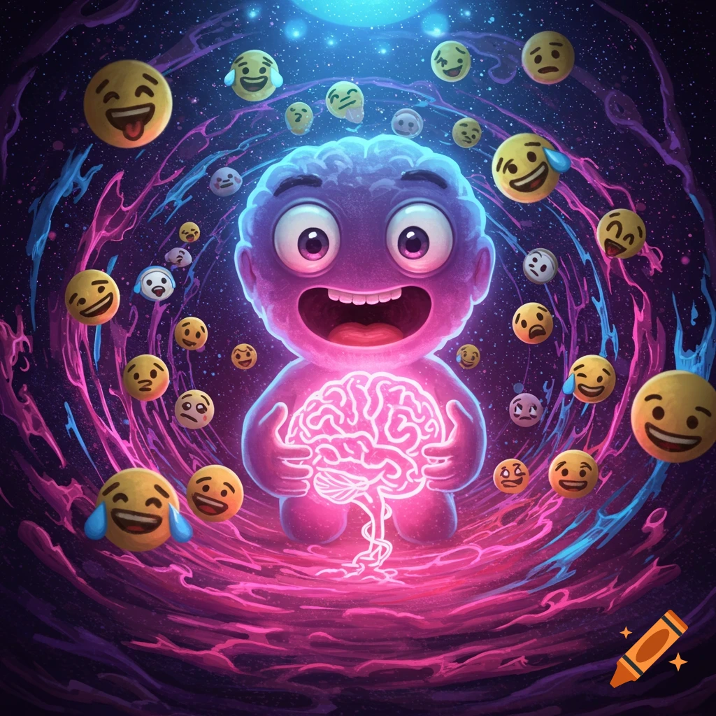 A happy purple cartoon creature holds a glowing pink brain, surrounded by various emojis in a vibrant cosmic swirl.