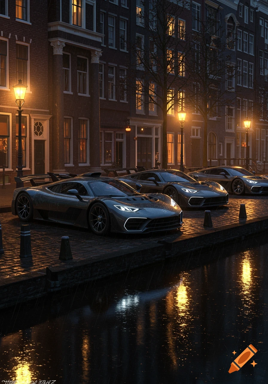 Three Mercedes-AMG One supercars parked along a wet cobblestone canal street in a Dutch city at night, illuminated by warm lights.